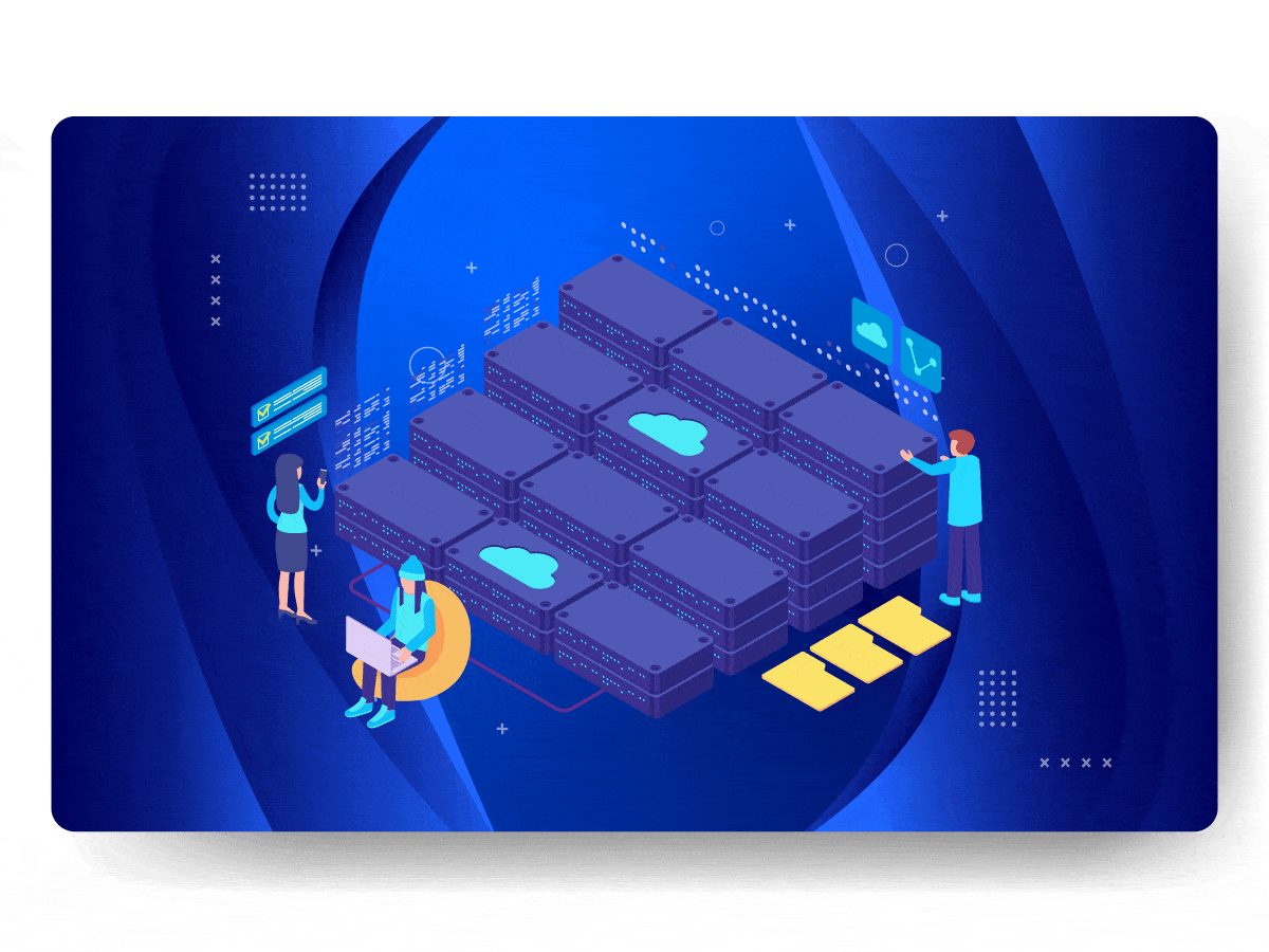 Illustration of people interacting with cloud servers. Three figures use digital interfaces and laptops, with abstract server racks in the center. The scene highlights managed web hosting while a background features a blue digital design, evoking the essence of WordPress efficiency.