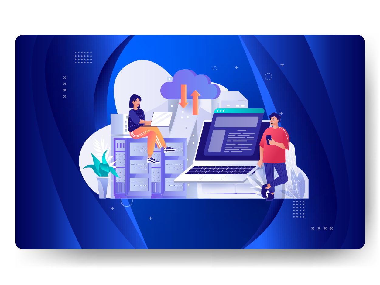 Illustration of two people with laptops, a large computer screen displaying code, servers, and a cloud with arrows&mdash;an ideal depiction of managed web hosting&mdash;all set against a blue background.
