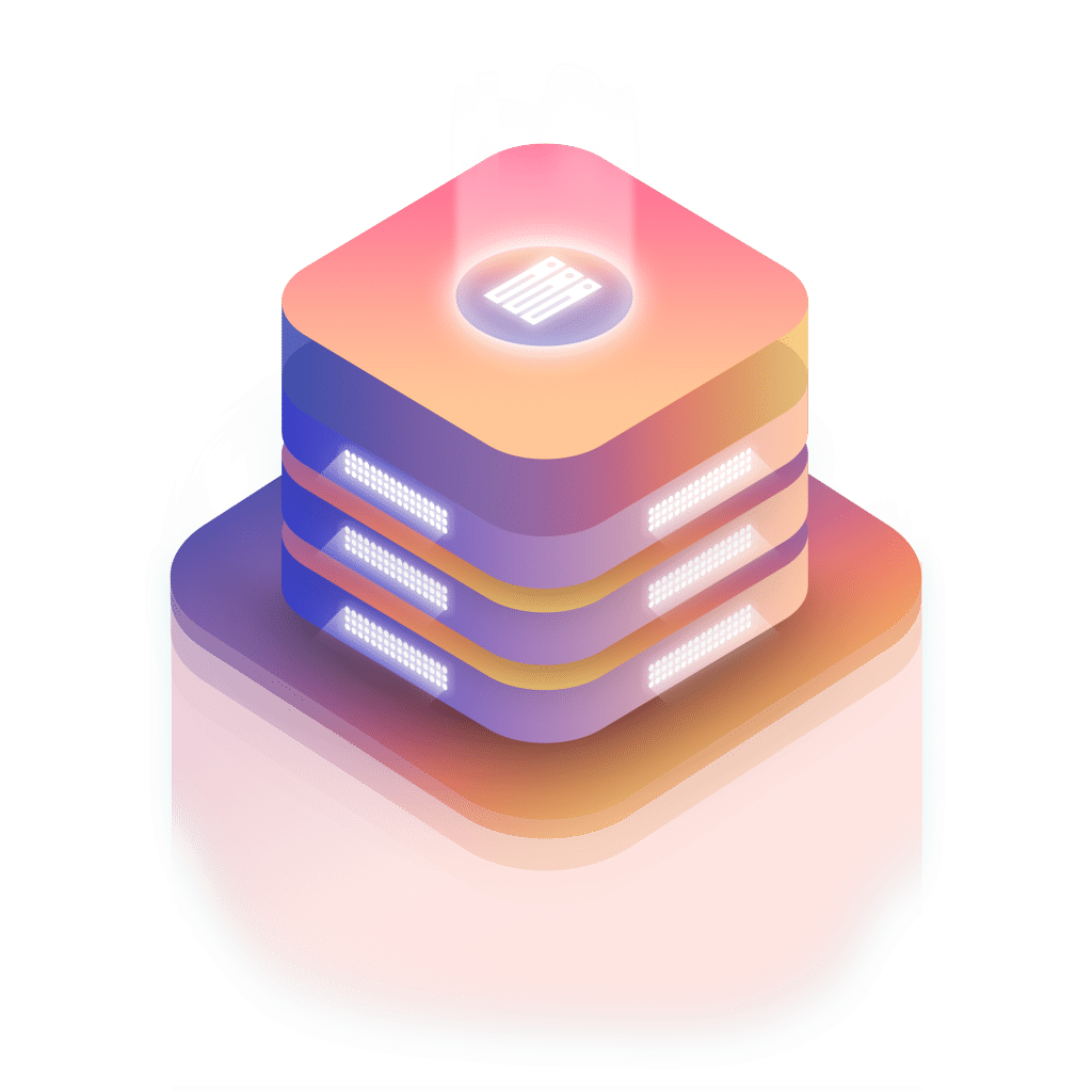 Illustration of a layered, glowing block with rounded edges, featuring illuminated horizontal lines and a digital display on top&mdash;evoking the sleek efficiency of managed web hosting&mdash;set against a gradient background.